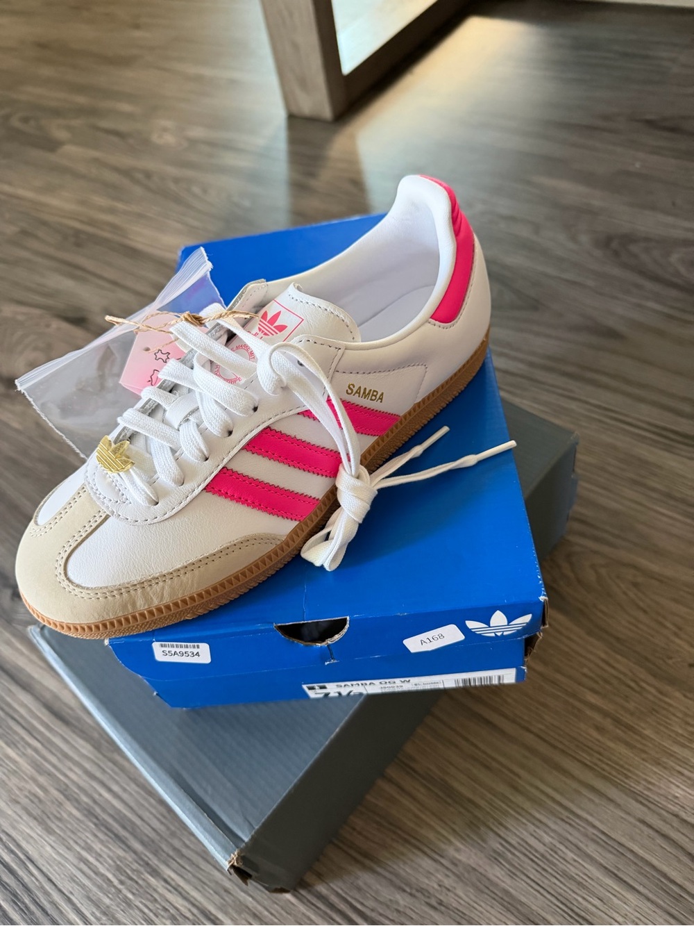 adidas Samba Women’s Sneakers in White with Pink Stripes and Gum Sole